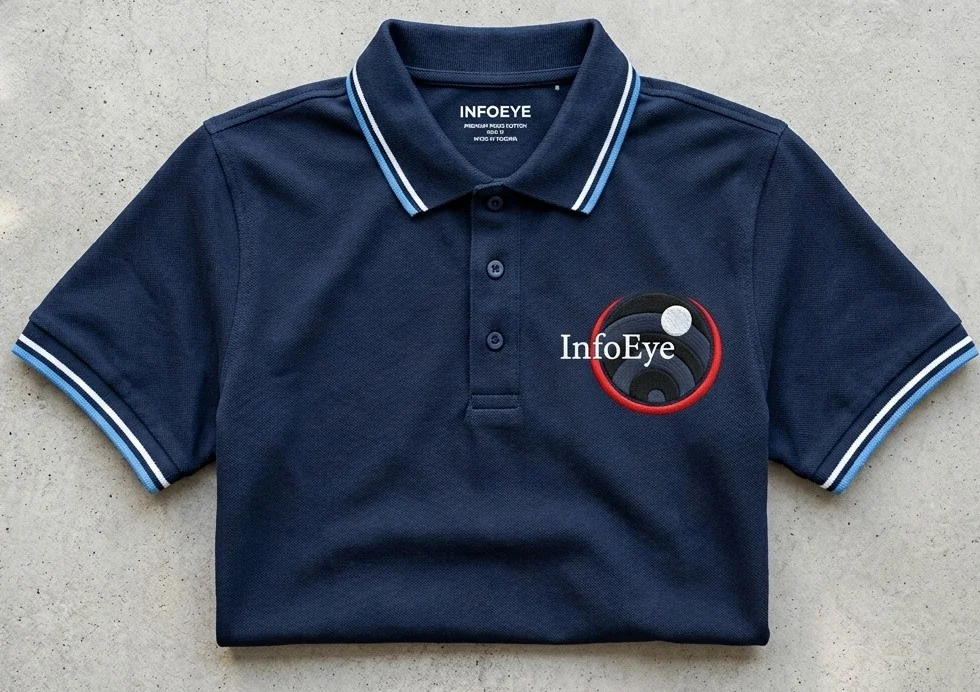 Stack of premium custom branded polo t-shirts ready for corporate distribution